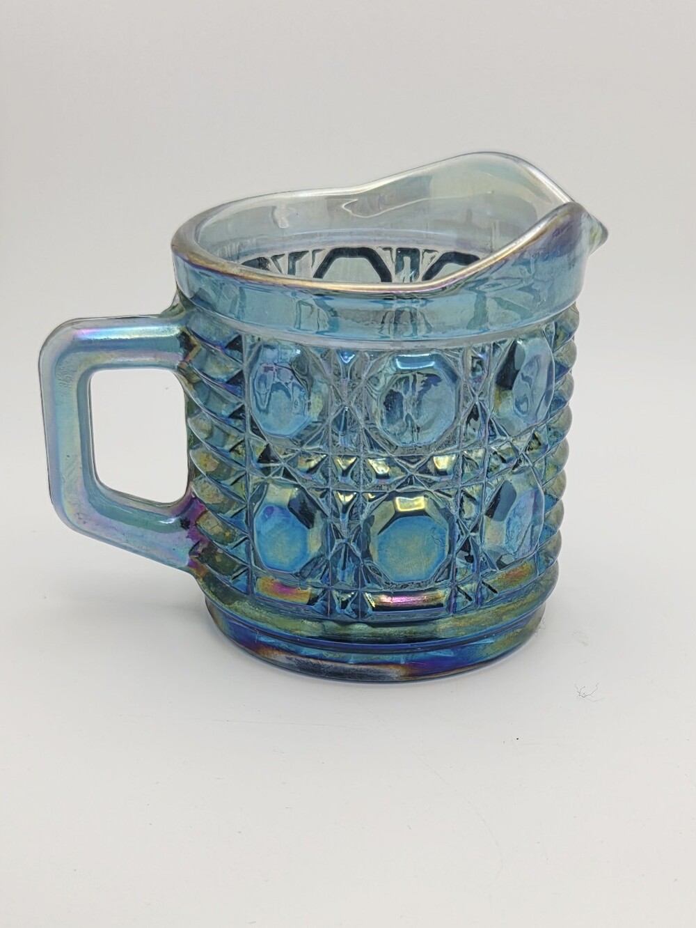 Vintage Teal Blue Iridescent Carnival Glass Creamer Pitcher